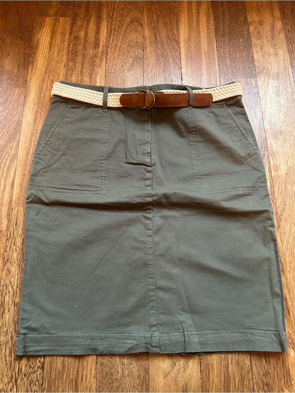 Dalia Olive Pencil Skirt with Woven Tan Belt